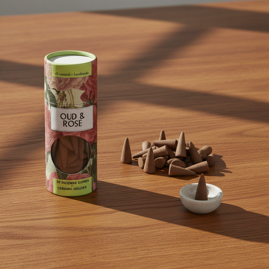 Mellow Monkey oud and rose scented incense cones with a small round ceramic holder on a wooden table.