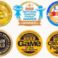 Mellow Monkey OuiSi award seals including Mom's Choice, National Parenting Product, and Creative Child Game of the Year