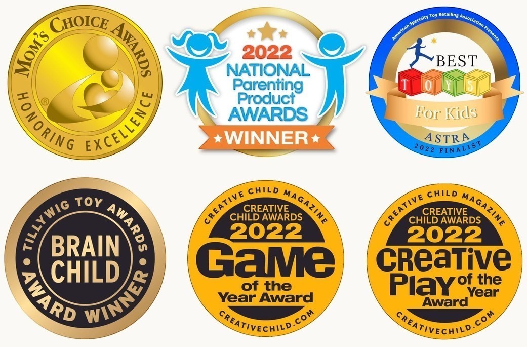 Mellow Monkey OuiSi award seals including Mom's Choice, National Parenting Product, and Creative Child Game of the Year