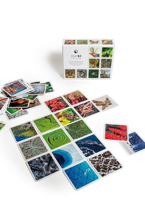 Mellow Monkey OuiSi Nature game set with 210 square photo cards featuring vibrant nature patterns and a display box.