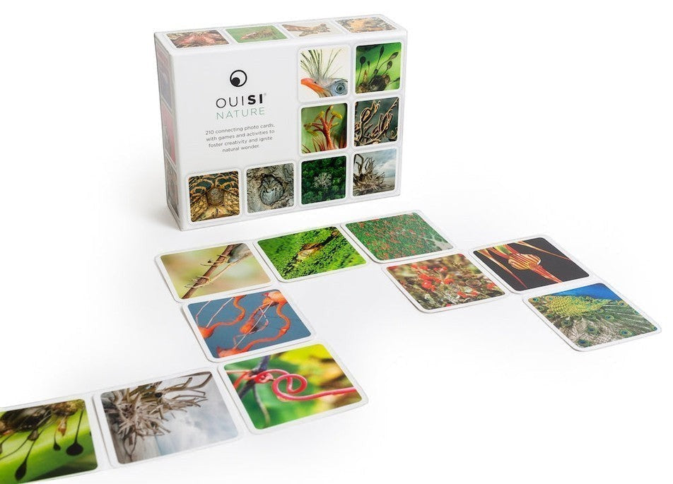 Mellow Monkey OuiSi Nature photo card game set with box and colorful nature-themed cards arranged on white surface