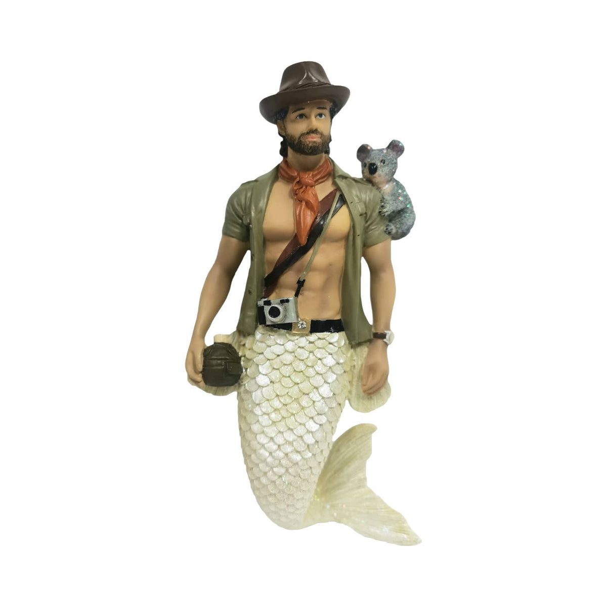 Mellow Monkey December Diamonds Outback merman ornament featuring a bearded explorer with a koala and camera
