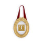 Mellow Monkey oval gold holly leaf hanging photo frame ornament with a red velvet ribbon for holiday tree decor.