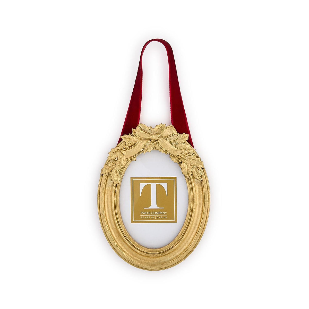 Mellow Monkey oval gold holly leaf hanging photo frame ornament with a red velvet ribbon for holiday tree decor.