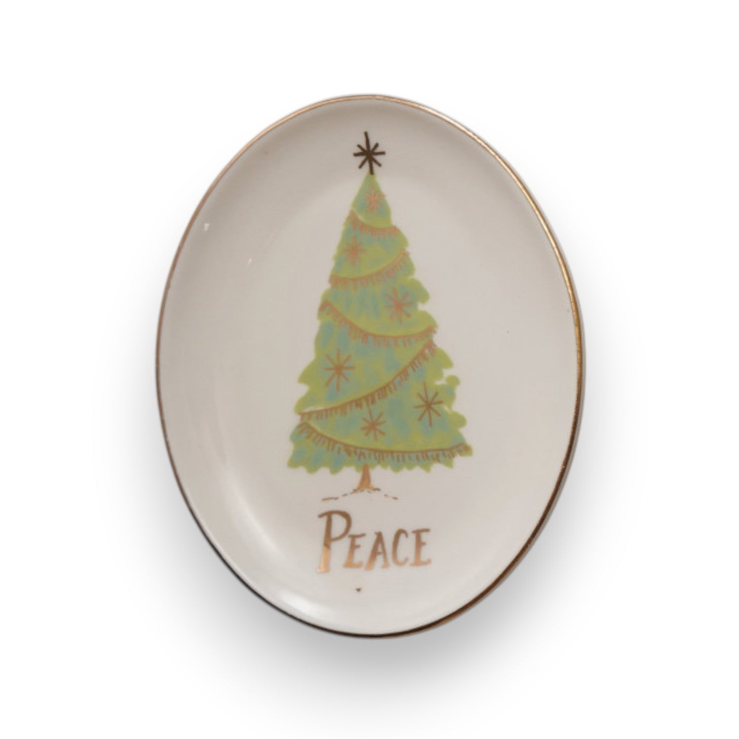 Mellow Monkey set of four oval stoneware dishes featuring festive Christmas tree designs and gold-tone trim