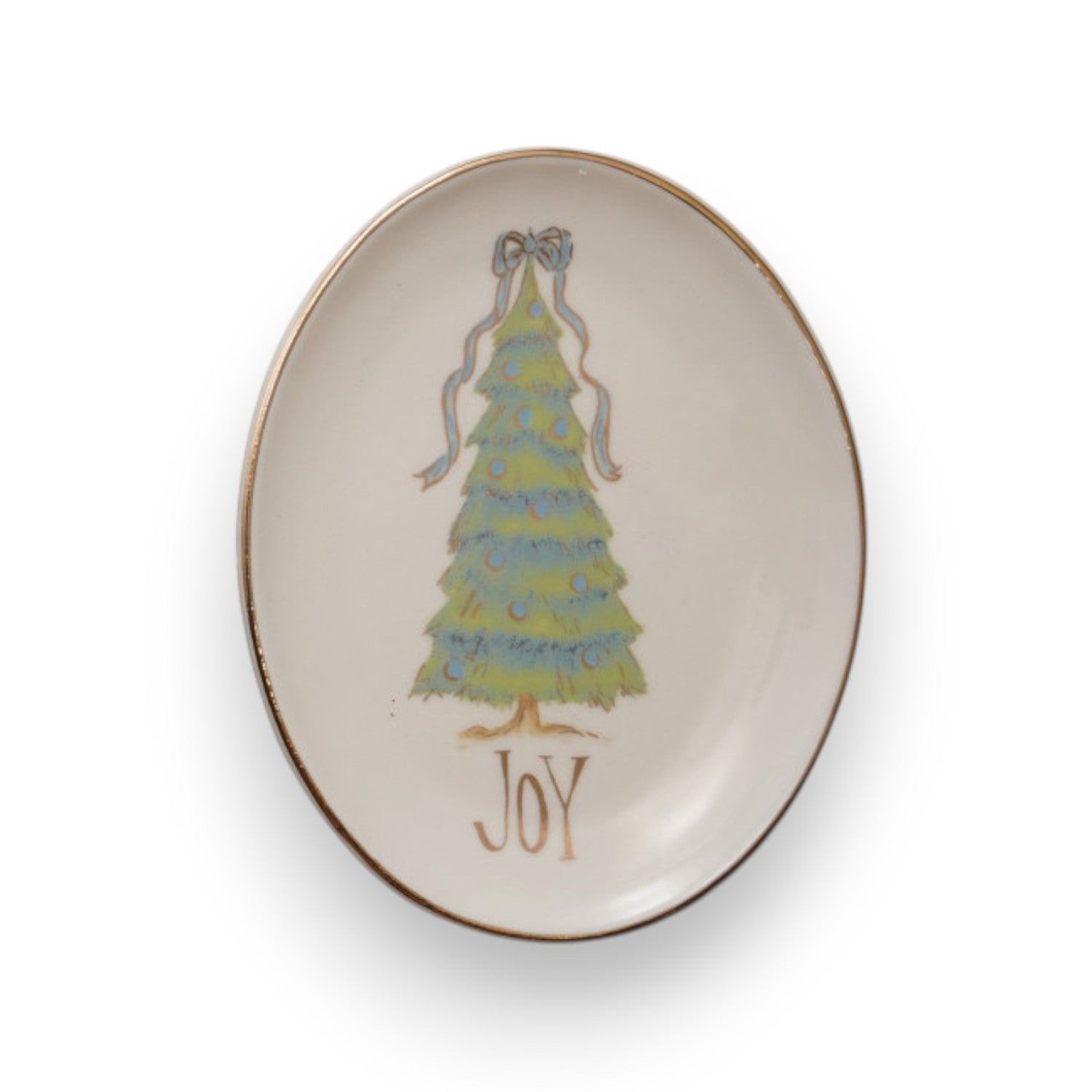 Mellow Monkey set of four oval stoneware dishes featuring festive Christmas tree designs and gold-tone trim