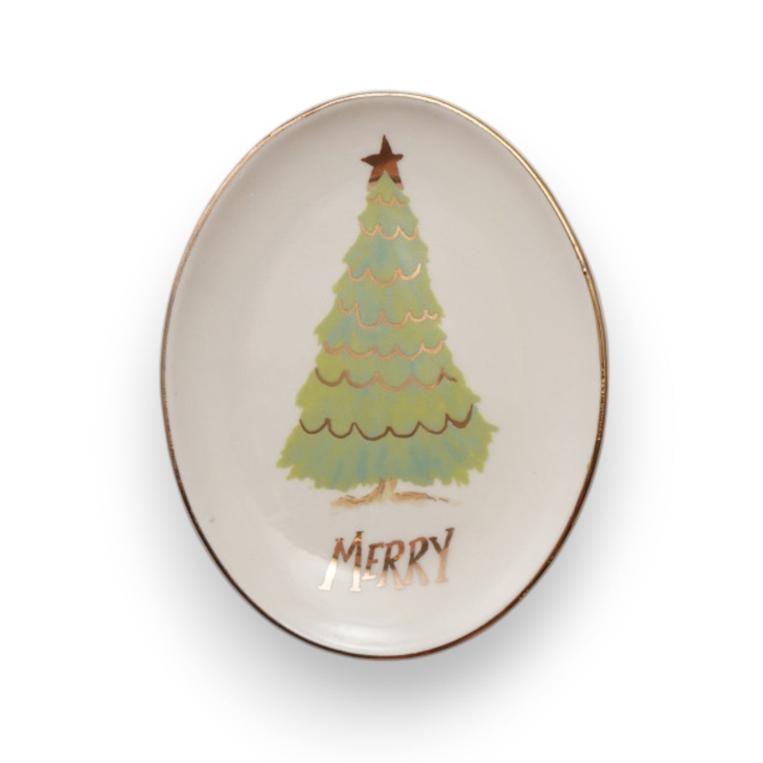 Mellow Monkey set of four oval stoneware dishes featuring festive Christmas tree designs and gold-tone trim.