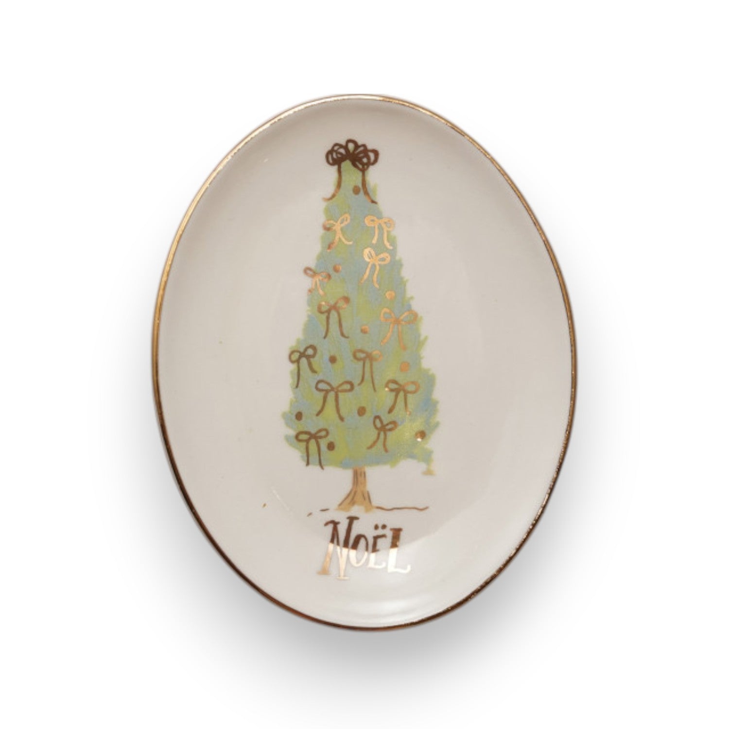 Mellow Monkey set of four oval stoneware dishes featuring festive Christmas tree designs and gold electroplated rims.
