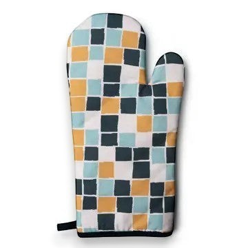 Mellow Monkey oven mitt with a colorful mosaic tile pattern in teal, yellow, and white. Heat-resistant padding and hanging loop.