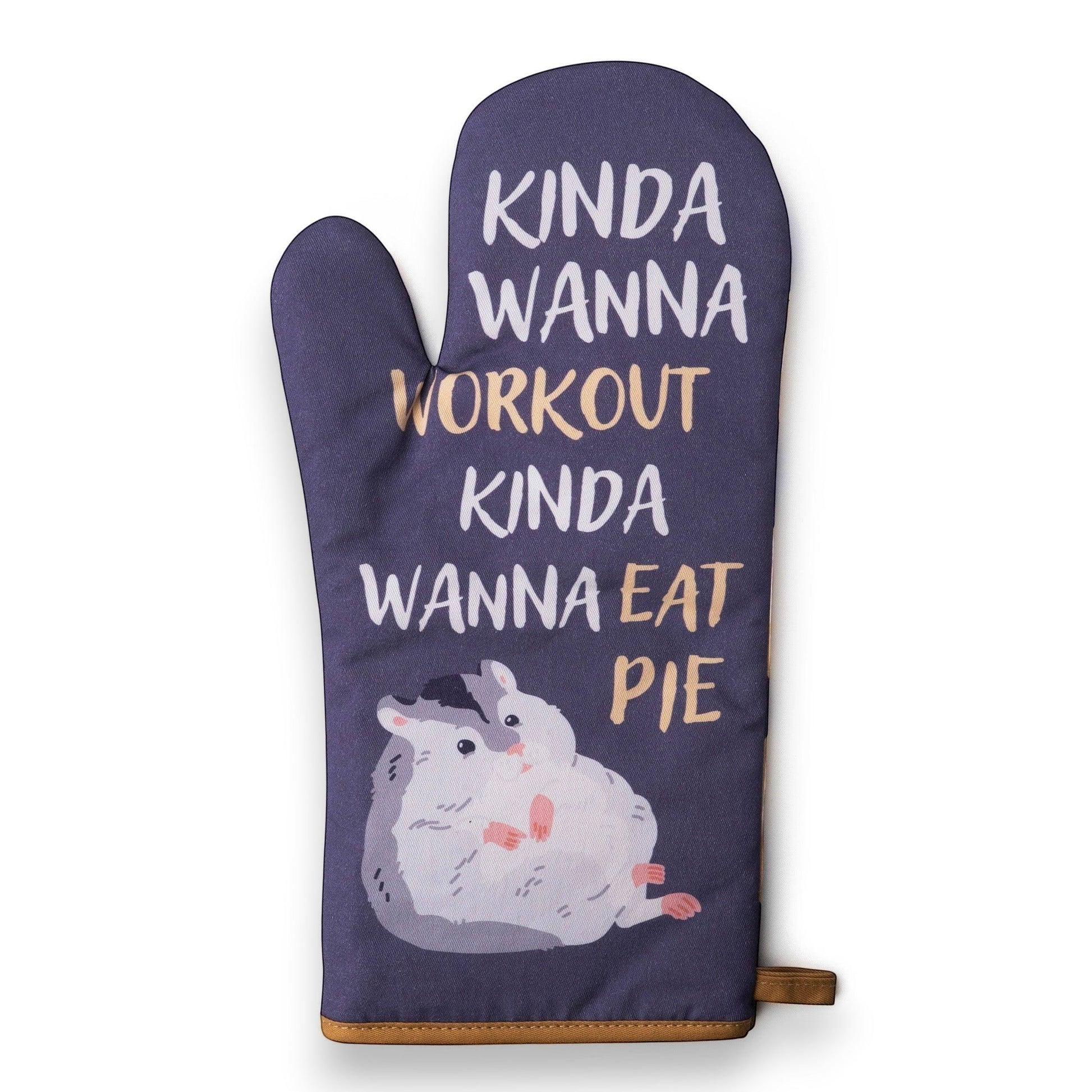 Mellow Monkey purple oven mitt with "Kinda Wanna Workout Kinda Wanna Eat Pie" text and a hamster graphic. Heat-resistant padding.