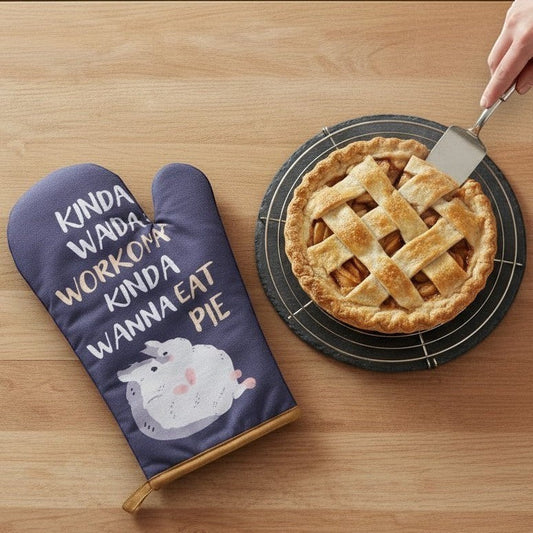 Mellow Monkey navy blue oven mitt with "Kinda Wanna Work, Kinda Wanna Eat Pie" text and a cartoon hedgehog. Heat resistant up to 450°F.
