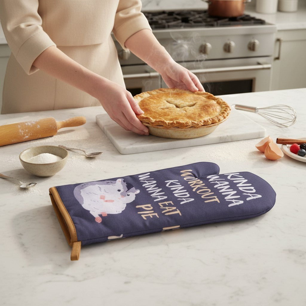 Mellow Monkey navy blue oven mitt with a cute hamster graphic and text that reads "Kinda Wanna Eat Pie Kinda Wanna Workout"
