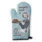 Mellow Monkey light blue oven mitt with retro illustration of a woman serving food and text 'tonight's menu is shut up or cook it yourself'.