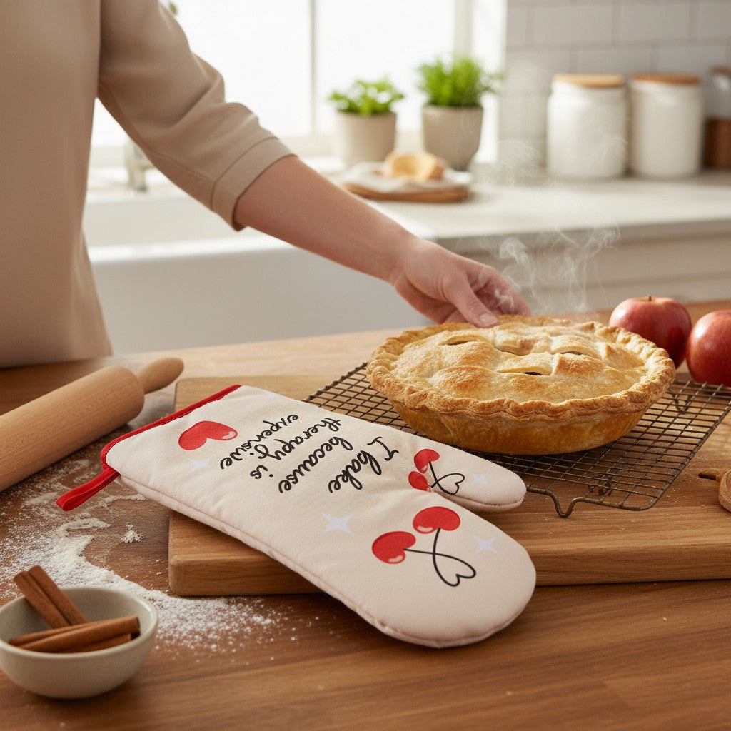 Mellow Monkey cream oven mitt with red cherries and "I bake because therapy is expensive" text. Heat resistant.