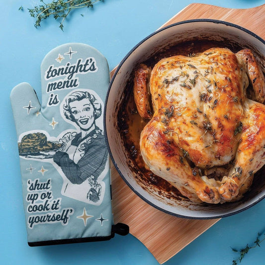 Mellow Monkey light blue oven mitt with retro illustration and text 'Tonight's menu is shut up or cook it yourself'