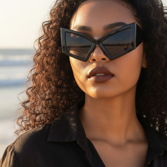 Woman with curly hair wearing Mellow Monkey oversized black cat eye sunglasses with UV400 protection at the beach.