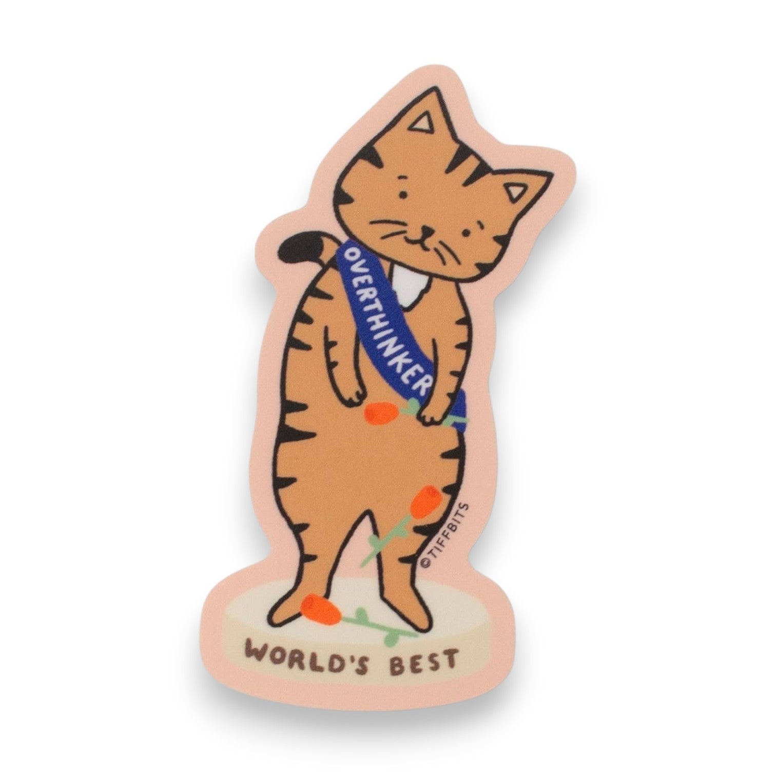 Mellow Monkey World's Best Overthinker vinyl cat sticker featuring a tabby cat wearing a blue sash on a light background