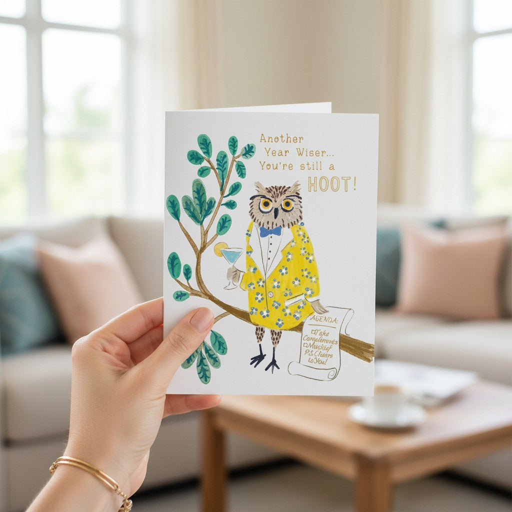 Mellow Monkey birthday card featuring a dapper owl in a yellow floral jacket with gold foil accents and a martini.