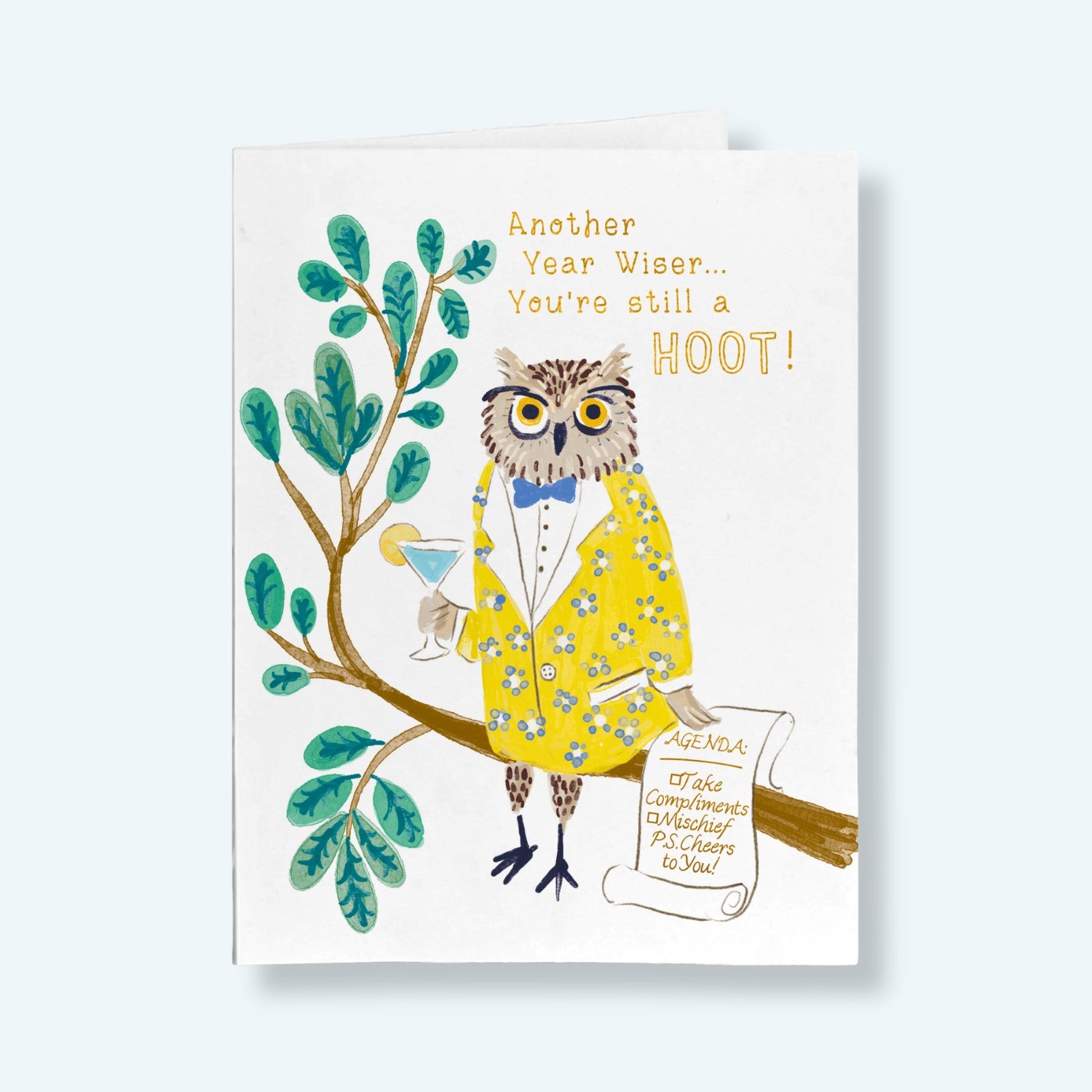 Mellow Monkey A2 birthday card featuring a dapper owl in a yellow floral jacket holding a martini with gold foil text