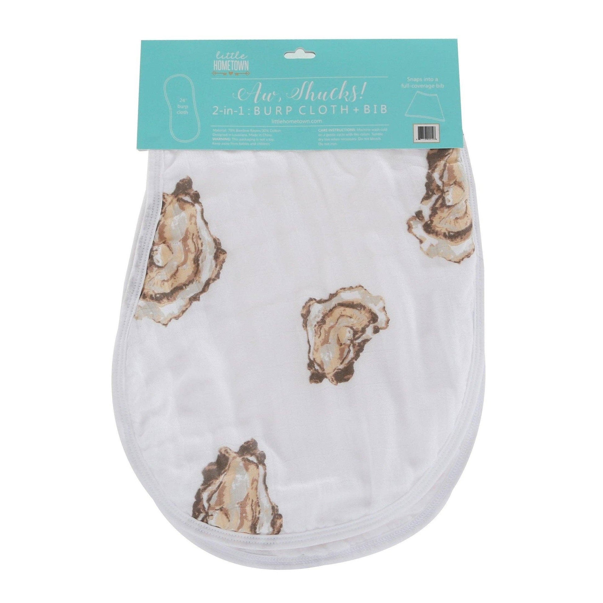 Mellow Monkey oyster-themed 2-in-1 bamboo and cotton muslin burp cloth and snappable baby bib in white