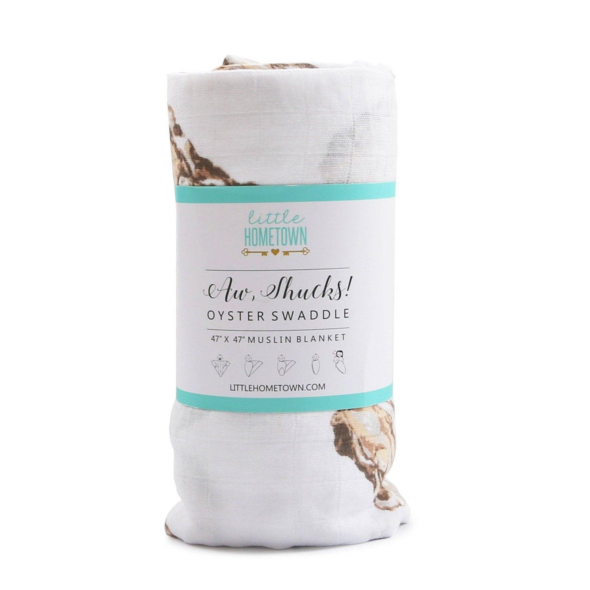 Mellow Monkey Aw, Shucks! oyster print muslin swaddle blanket made of soft bamboo and organic cotton blend.