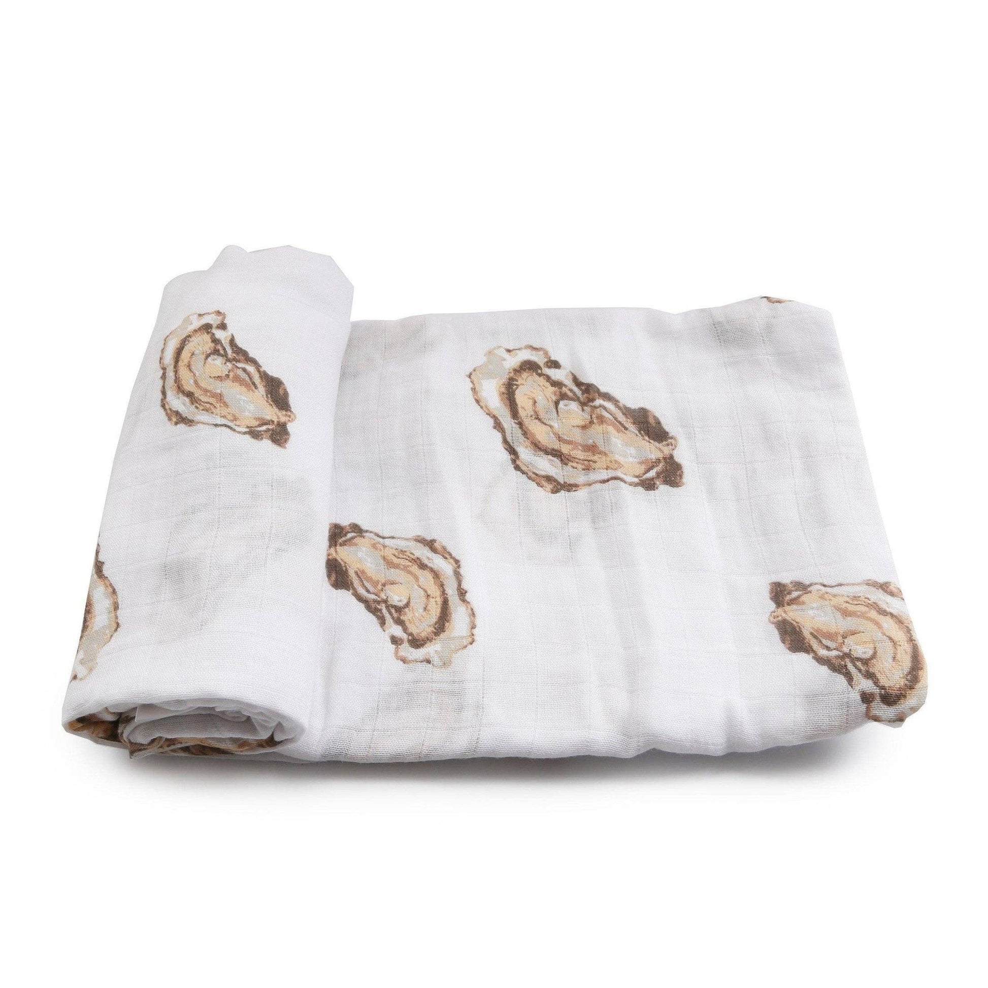 Mellow Monkey oyster print baby swaddle blanket in soft white muslin bamboo and organic cotton blend