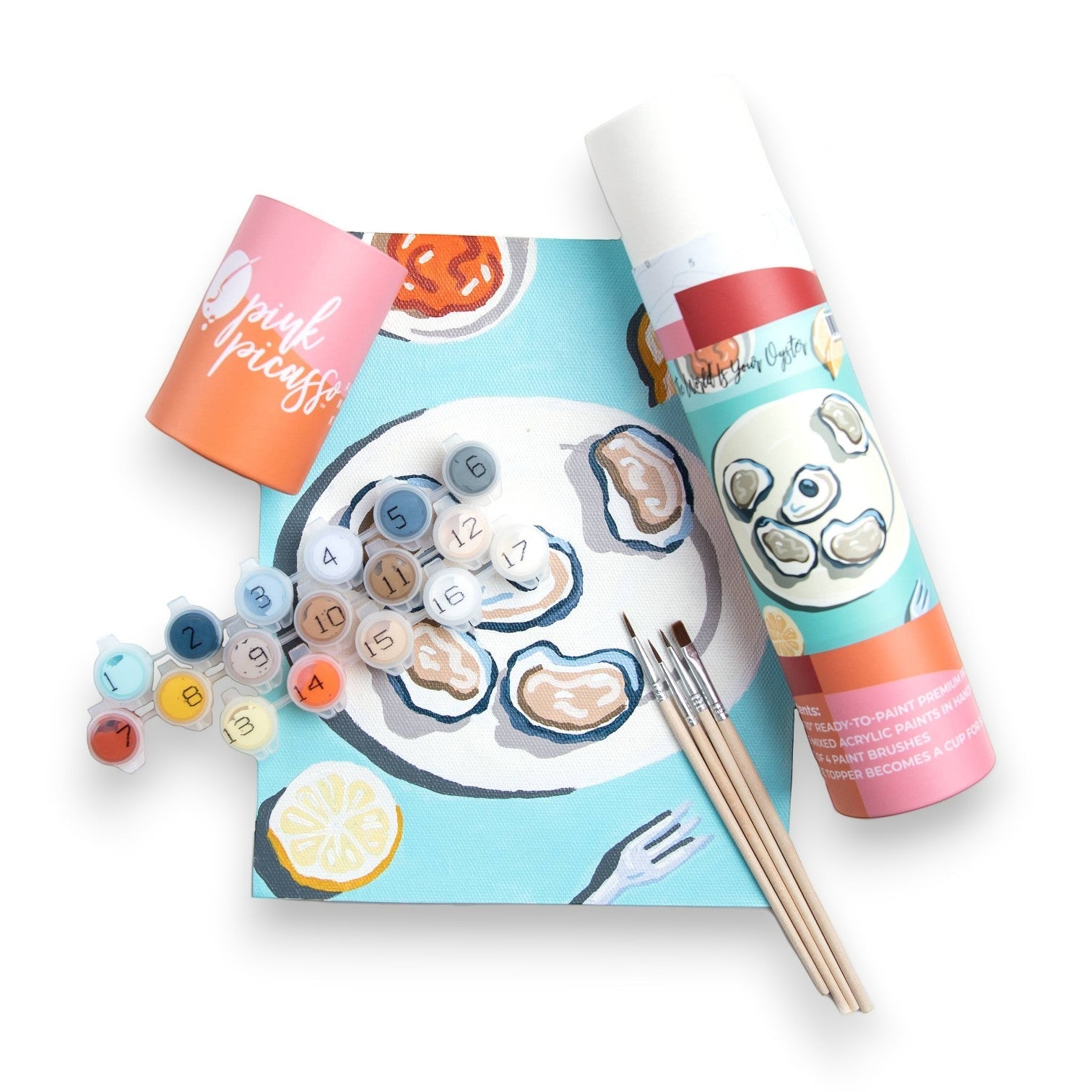 Mellow Monkey The World Is Your Oyster paint by number kit with numbered canvas, acrylic paints, and brushes.
