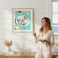 Mellow Monkey paint by number kit featuring an oyster platter art print displayed in a cozy, sunlit coastal room.