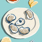 Mellow Monkey paint by number kit featuring a plate of fresh oysters with lemon wedges and sauce on a blue background