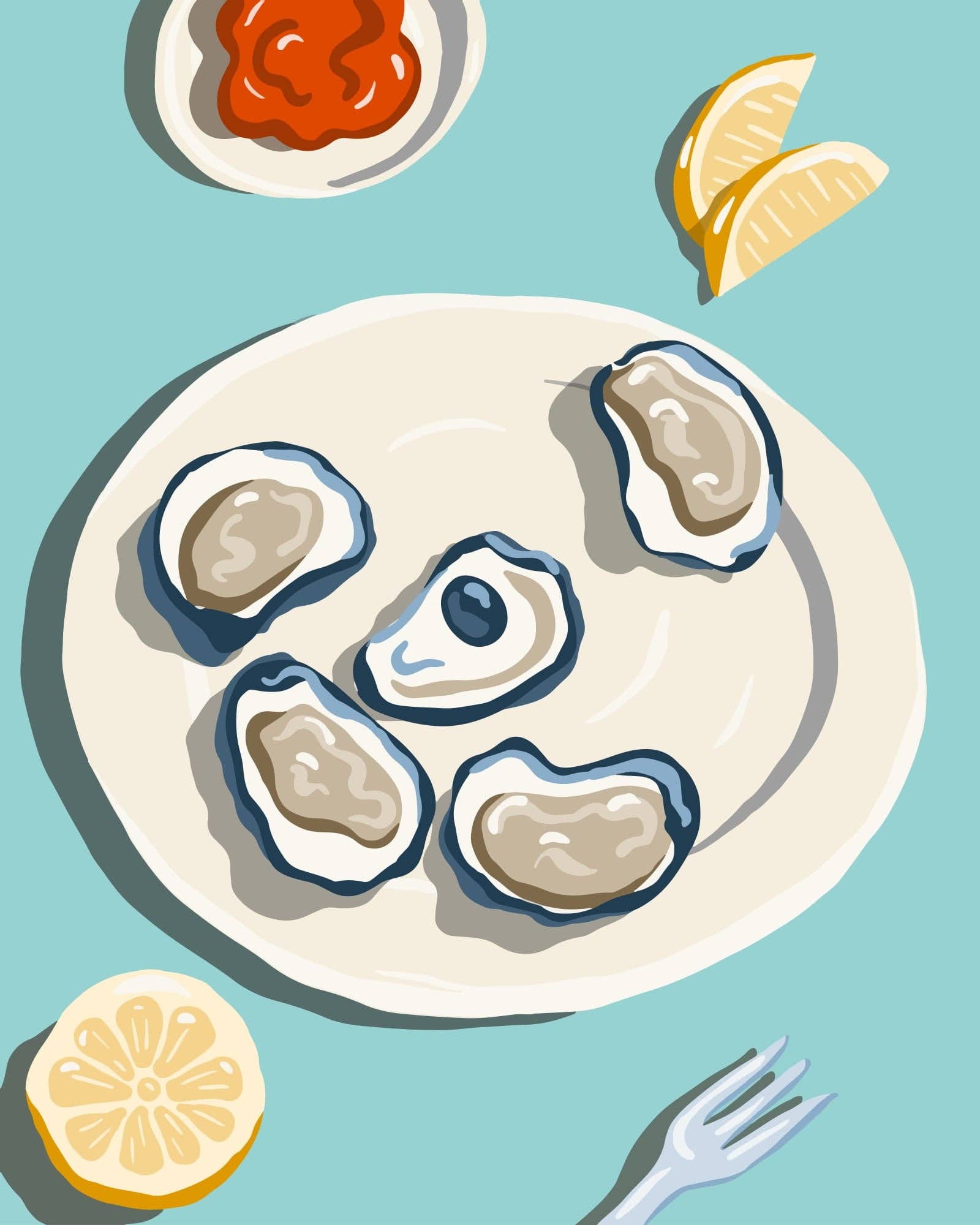 Mellow Monkey paint by number kit featuring a plate of fresh oysters with lemon wedges and sauce on a blue background