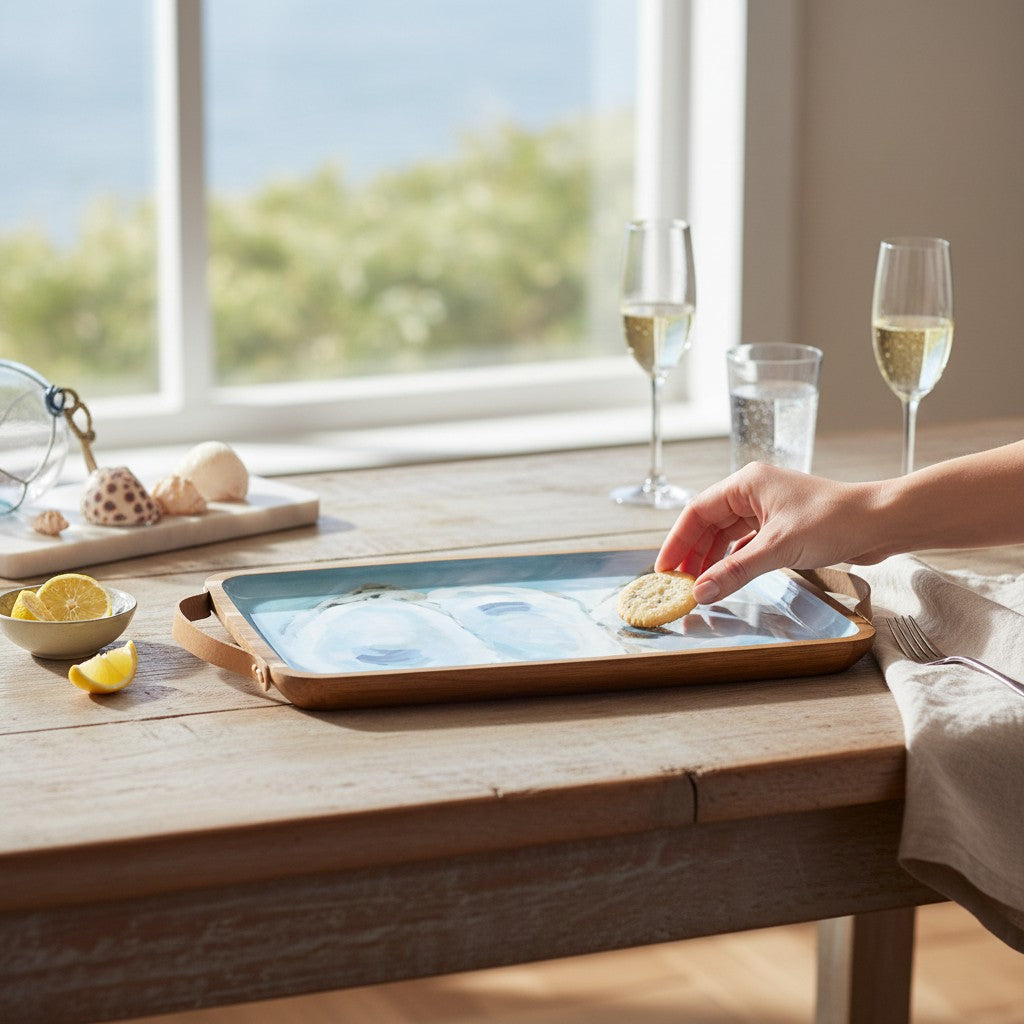 Mellow Monkey Coastal Oysters rectangular acacia wood serving tray with Kim Hovell art. Light blue background with three oysters.