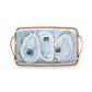 Mellow Monkey Coastal Oysters rectangular acacia wood serving tray with Kim Hovell art. Features three oysters on a light blue background.