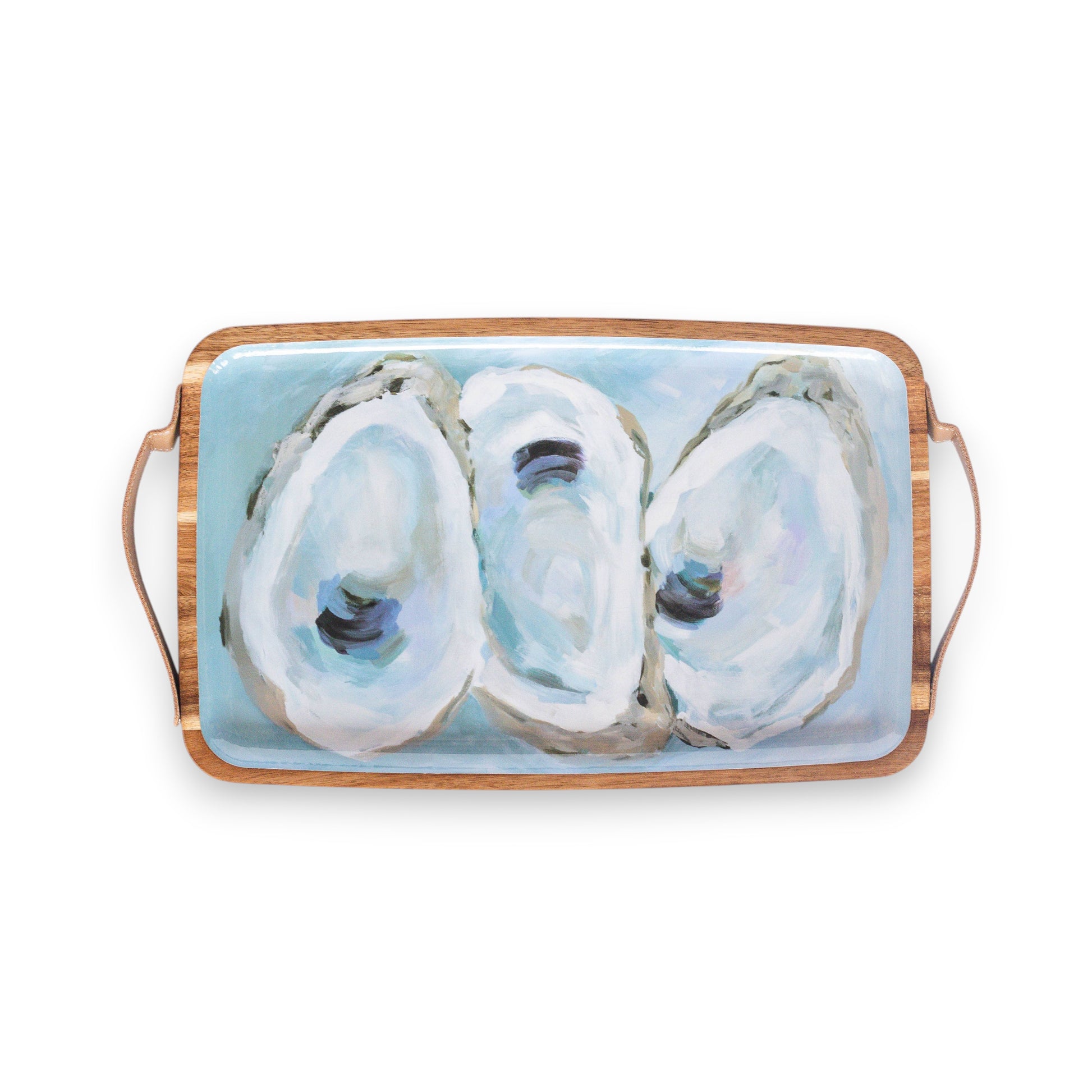 Mellow Monkey Coastal Oysters rectangular acacia wood serving tray with Kim Hovell art. Features three oysters on a light blue background.