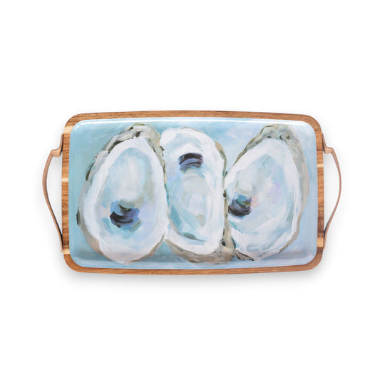 Mellow Monkey Coastal Oysters rectangular acacia wood serving tray with Kim Hovell art. Features three oysters on a light blue background.