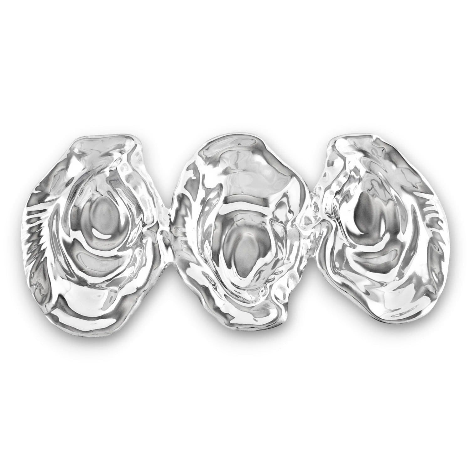 Mellow Monkey OCEAN Triple Oyster Dip in silver aluminum, shaped like three linked oyster shells. Ideal for dips and garnishes.