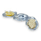 Mellow Monkey OCEAN Oyster Triple Dip serving dish in silver aluminum, shaped like three linked oyster shells, holding lemon slices and crackers.