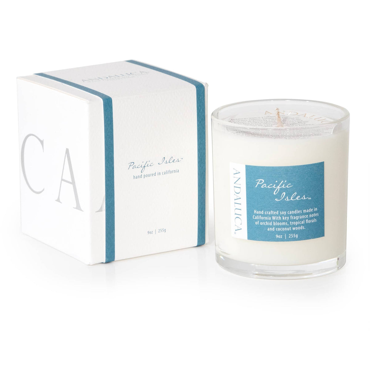 Mellow Monkey Pacific Isles 9-oz soy blend candle in a glass jar with matching white gift box featuring tropical notes