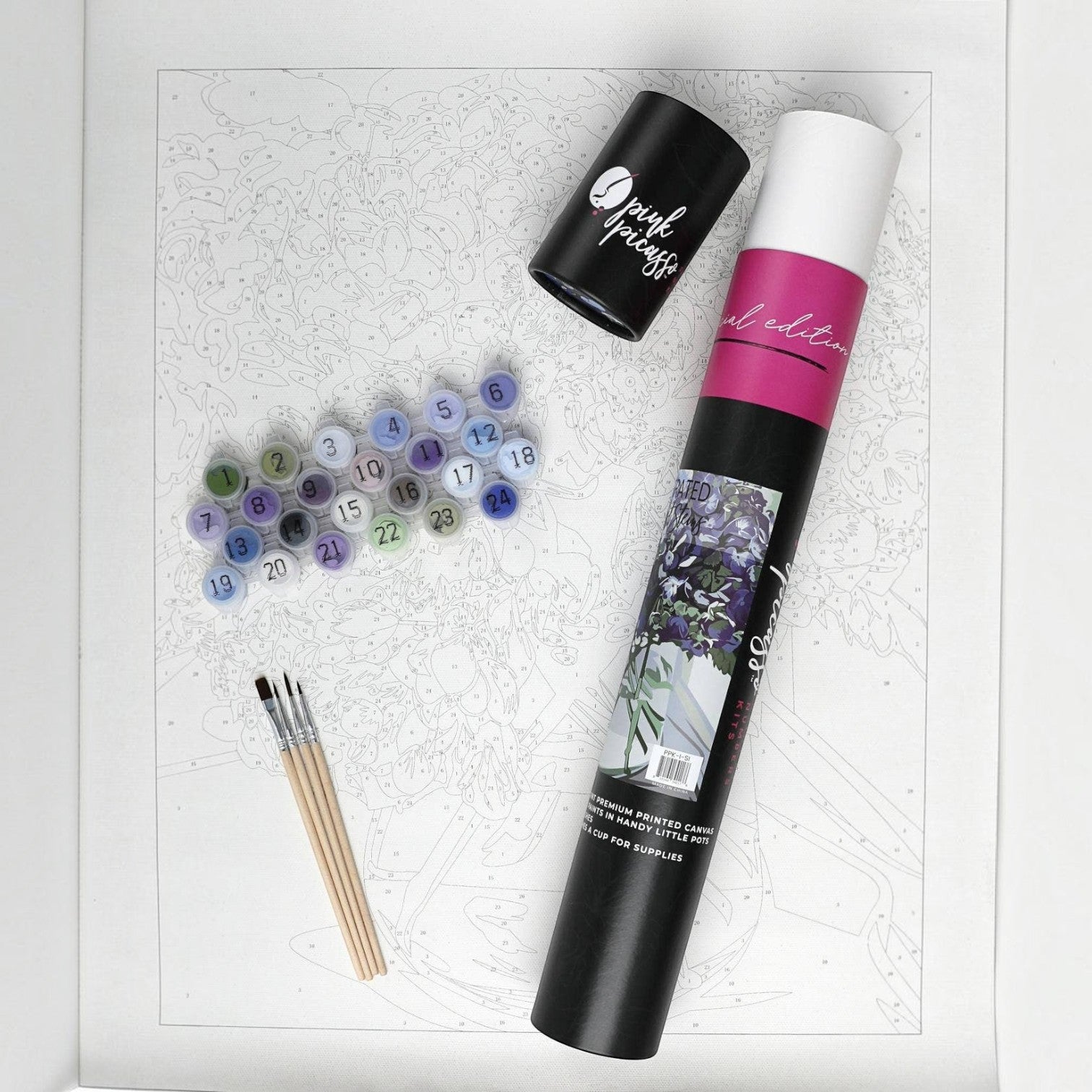 Mellow Monkey Sincerest Stems paint by number kit with pre-numbered canvas, acrylic paint pots, and brushes.