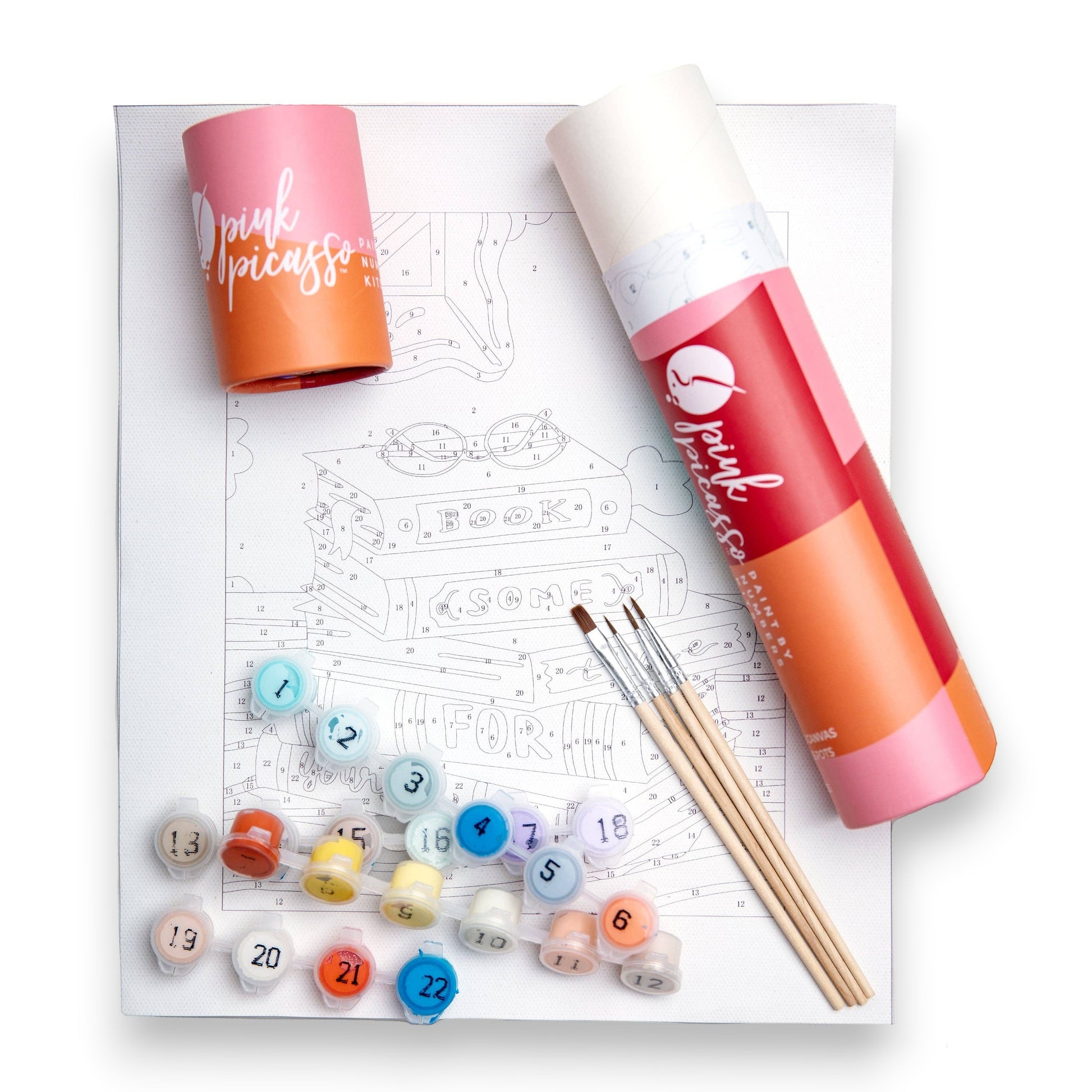 Mellow Monkey Book Some Time paint by number kit with numbered canvas, acrylic paint pots, and brushes.