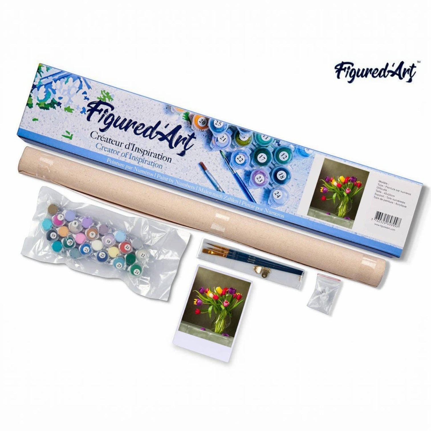Mellow Monkey Multicolored Flowers paint by numbers kit for adults, 16"x20", intermediate difficulty, includes numbered canvas, acrylic paints, and brushes.
