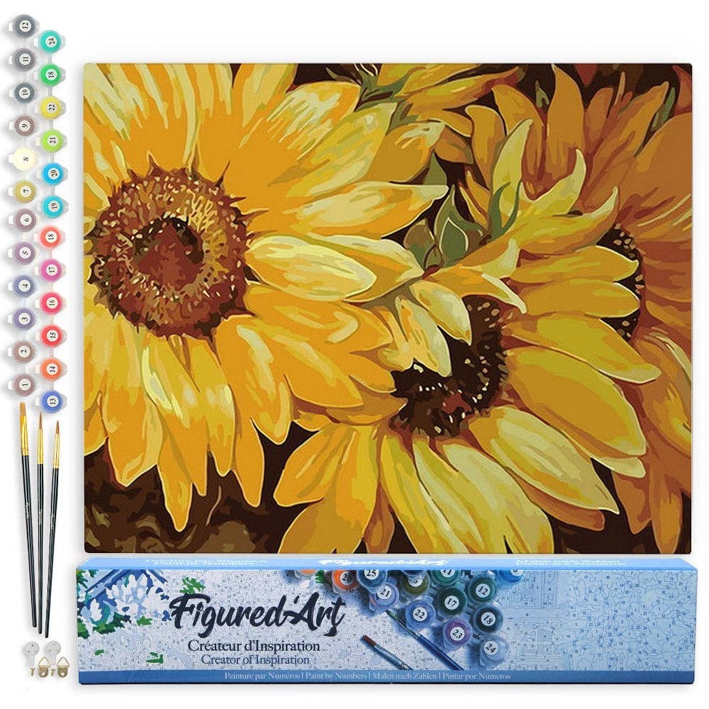 Mellow Monkey Paint By Numbers kit featuring a close-up of three vibrant sunflowers in full bloom on a 16"x20" numbered linen canvas.