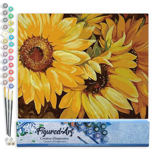 Mellow Monkey Paint By Numbers kit featuring a close-up of three vibrant sunflowers in full bloom on a 16"x20" numbered linen canvas.