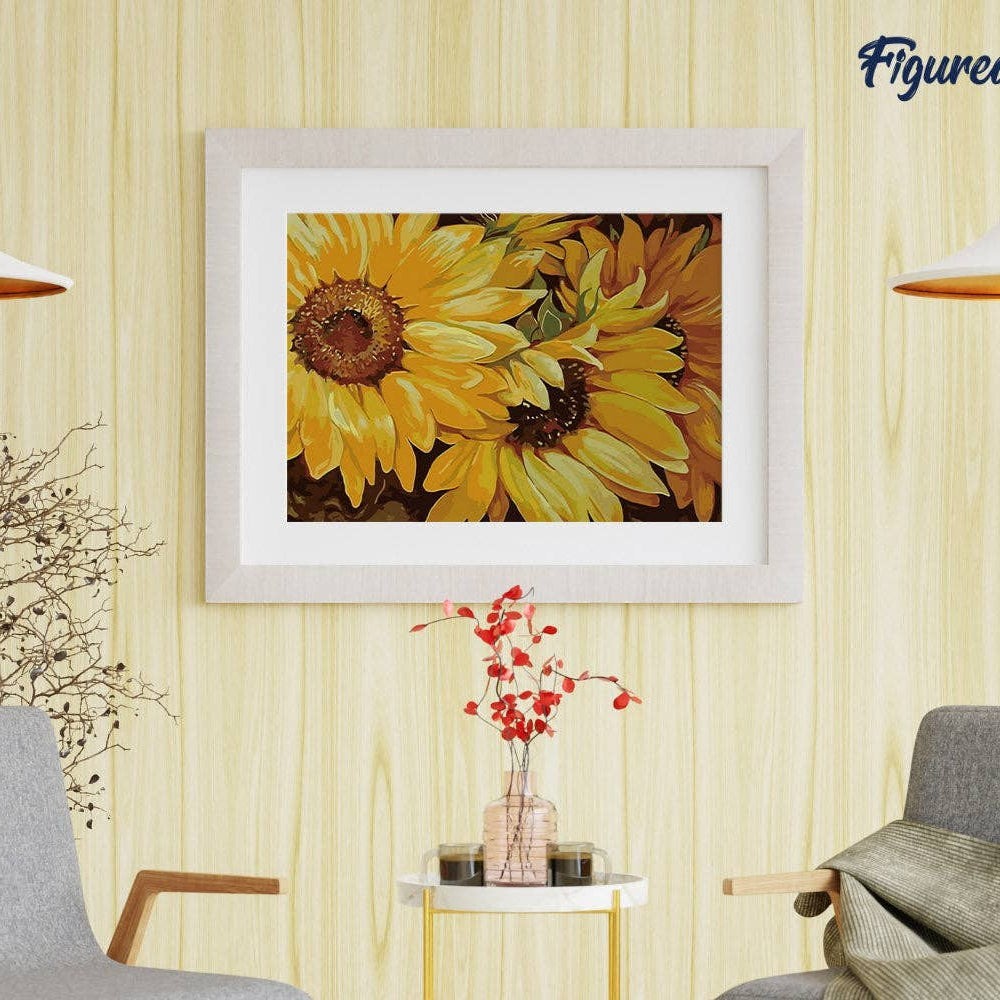 Mellow Monkey Paint By Numbers kit featuring a vibrant 16"x20" canvas of sunflowers in full bloom, easy to complete.