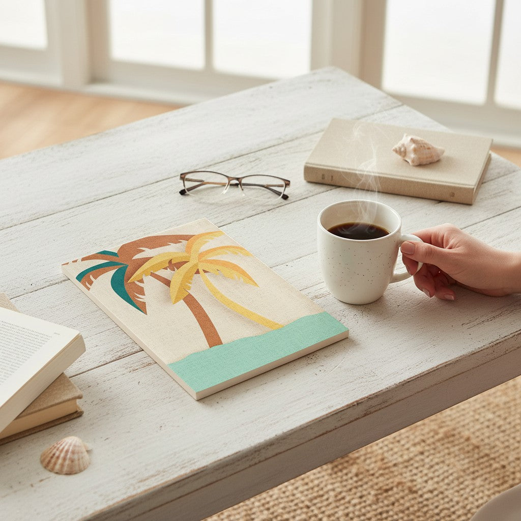 Mellow Monkey Together Tile Acrylic Wall Art, 5x7-in, featuring a retro-style graphic of palm trees in brown, teal, and yellow against a textured cream background and a turquoise sea.