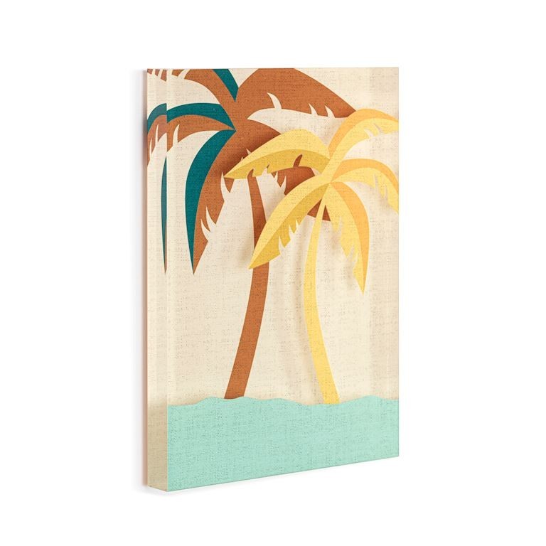 Mellow Monkey Tranquil Together Tile acrylic wall art featuring palm trees and turquoise water. 5 x 7-in.