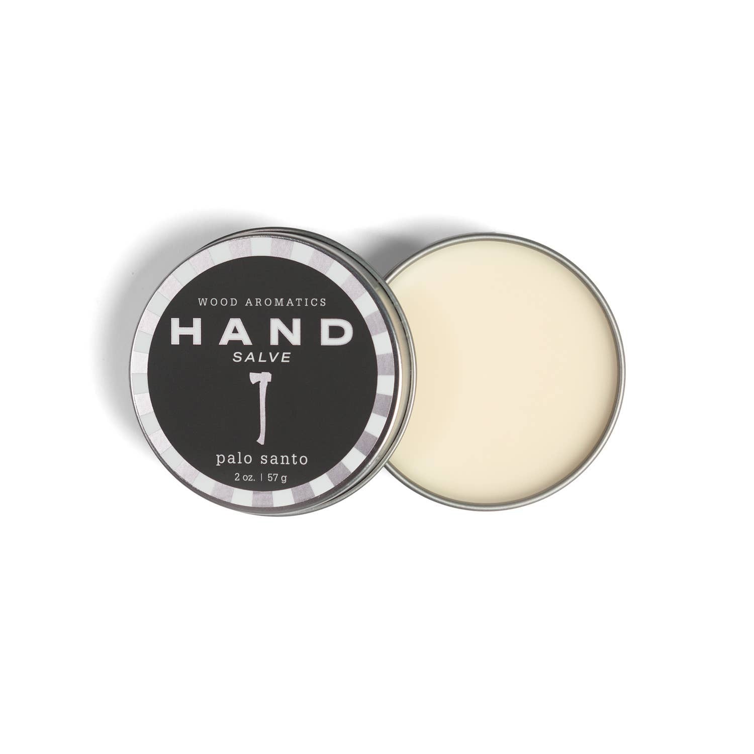 Mellow Monkey Wood Aromatics Palo Santo hand salve in a round metal tin with a black and white striped label.