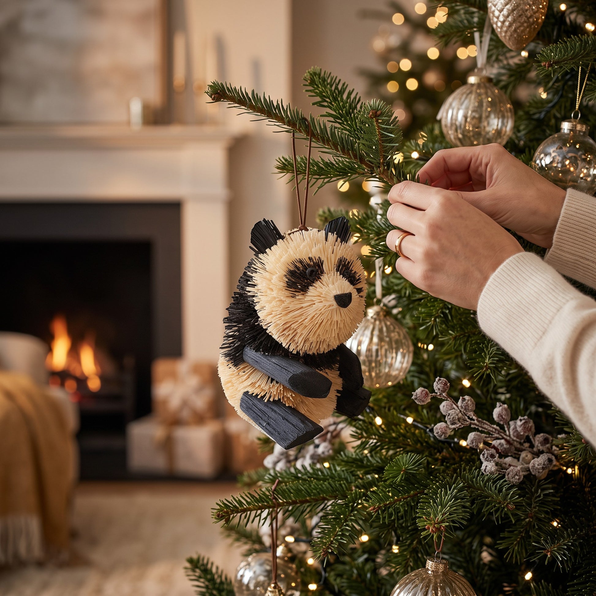 Mellow Monkey 4-inch panda bear bottle brush Christmas ornament hanging on a festive holiday tree