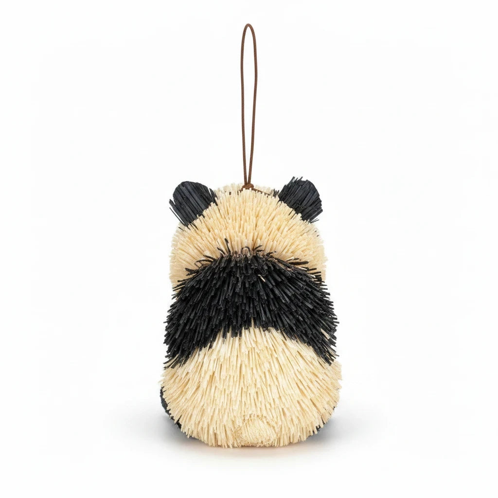 Mellow Monkey 4-inch panda bear holiday ornament made from natural bottle brush fibers in black and cream