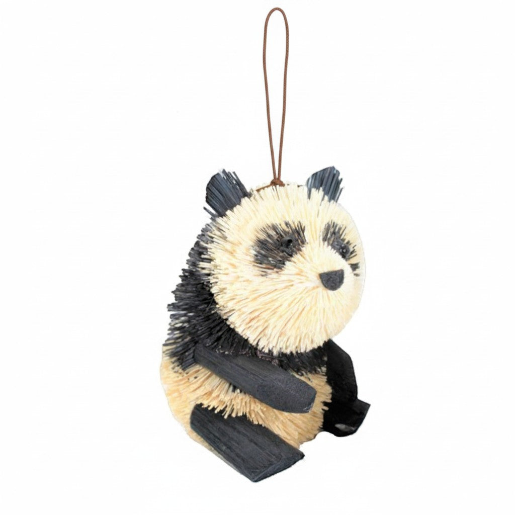 Mellow Monkey 4-inch panda bear Christmas ornament made from natural bottle brush fibers with a hanging loop.