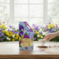 Mellow Monkey I Am Violet floral shaped pansy puzzle, 350 pieces, featuring purple, yellow, and white pansies.